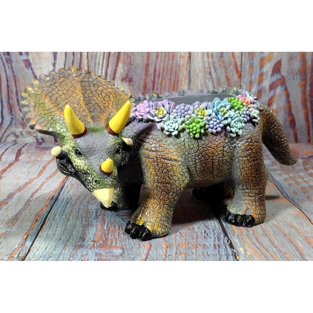 Decorative Triceratops Dinosaur Flower Pot with Succulent Accents